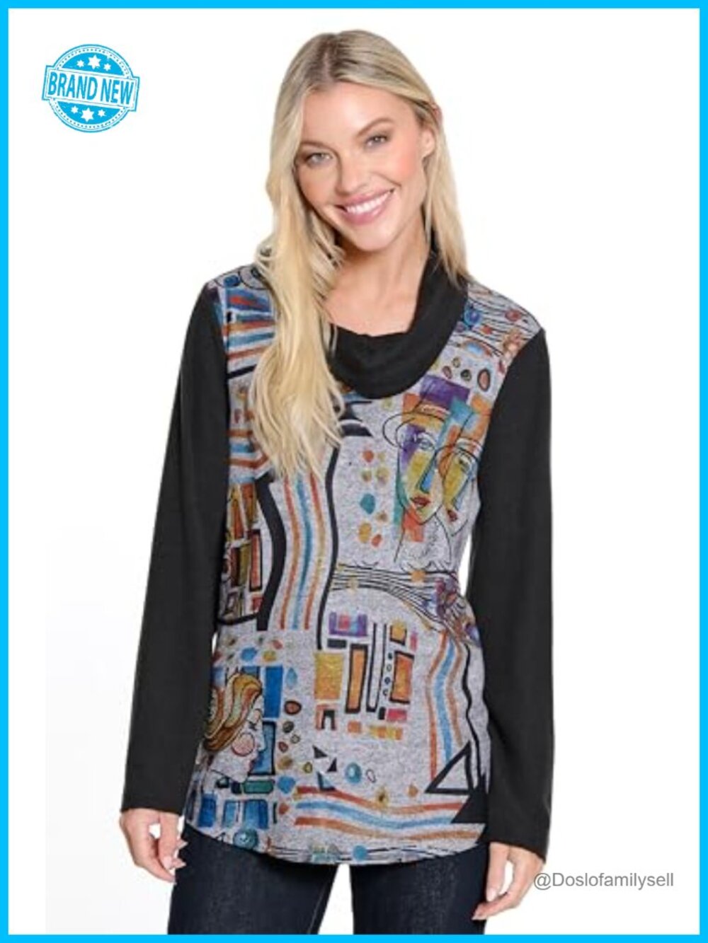 Women's Printed Knit Tunic Heat-set Details Long Sleeve V-Neck Pull On